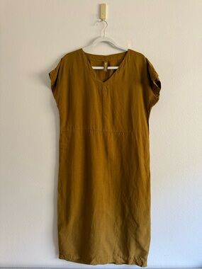 ISCHIKO linen blend V neck midi dress women’s‎ Sz S Lagenlook